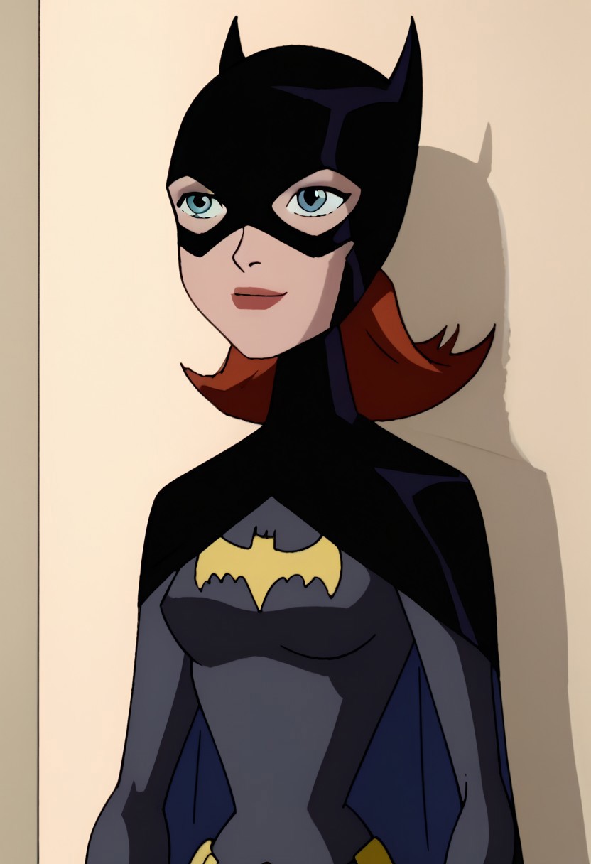 score_9_up, score_8_up, score_7_up, ben10afstyle, Batgirl,1girl,solo,bat ears,black mask,blue eyes,red lips,black bodysuit,cape,medium breast,black gloves,yellow belt,superhero, closed_mouth, smirk, leaning against wall, arms crossed, simple background