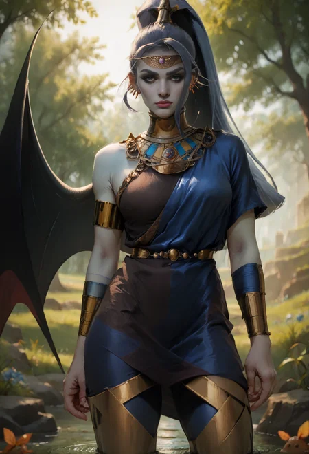 score_9, score_8_up, score_7_up, megaerahades, megaeraoutfit, single wing, collar, ponytail, blue skin, circlet, armlet, ear piercing, <lora:megaeraPony:1.1>, outside