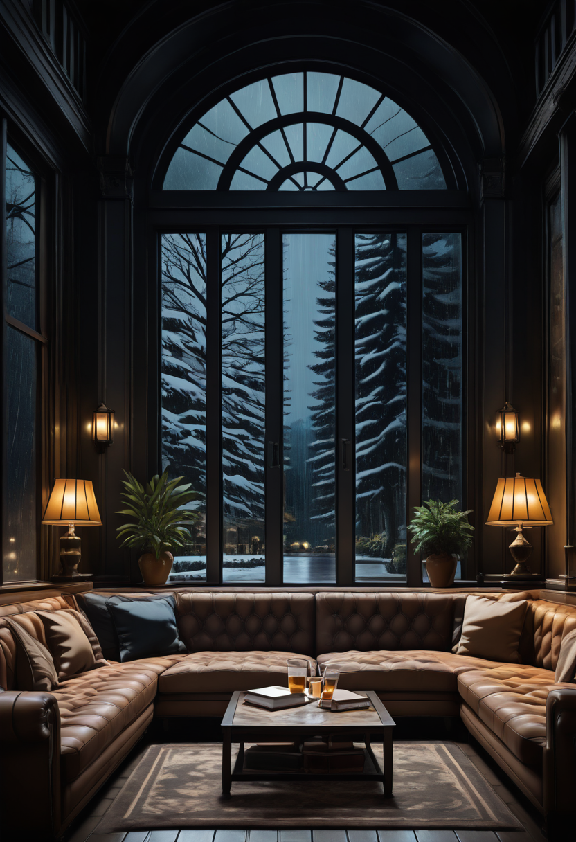 masterpiece, best quality,  d4rk4c4dem1a,   tree, cup, pillow, book, no humans, window, night, table, plant, couch, snow, drinking glass, wooden floor, blanket, potted plant, lamp, on couch, cushion, bare tree, rain on window, rain, BREAK, subsurface scattering, soft lighting, contemplative expression, dark background, subtle makeup, high-resolution, detailed texture, emotional depth, dramatic mood ,serene atmosphere, cinematic lighting  ,<lora:DarkAcademia_IXL:1.0>,