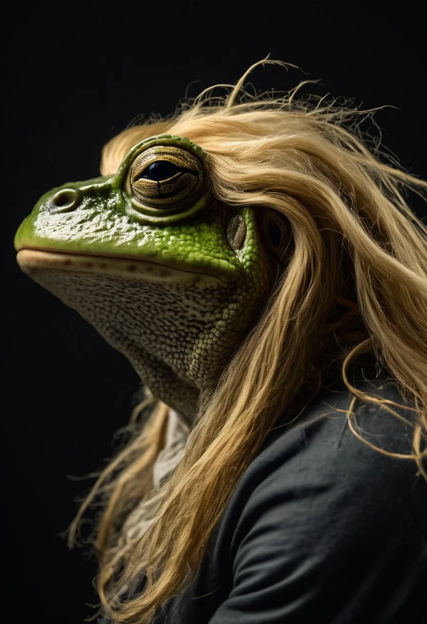 side view portrait, a stoic frog wearing a wig with long golden hair locks, windy day , majestic, deep shadows, perfect composition, detailed, high resolution, low saturation, lowkey, muted colors, atmospheric,