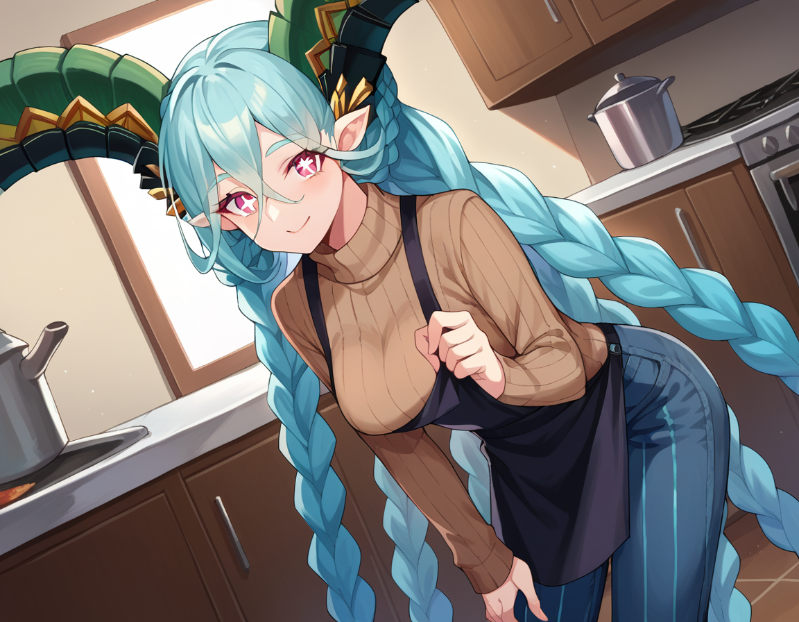 score_9, score_8_up, score_7_up, source_anime,
fatetiamat, <lora:fate-tiamat-ponyxl-lora-nochekaiser:1>,
tiamat, absurdly long hair, aqua hair, braid, curled horns, gradient hair, horns, long horns, multicolored hair, pink eyes, pointy ears, symbol-shaped pupils, twin braids, x-shaped pupils,
apron, black apron, brown sweater, ribbed sweater, sweater, turtleneck, turtleneck sweater, pants, denim,
indoors, kitchen, bent over, smile,
looking at viewer, cowboy shot, dutch angle,