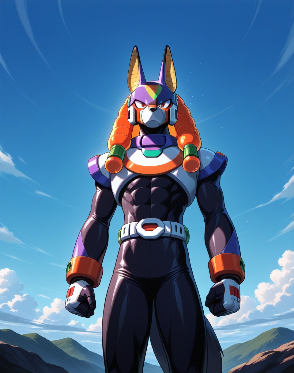 <lora:Reploid_(Mega_Man_X)_(Illustrious)_(AD):1.5> reploid, MMX, 
exterior, sky with clouds, 
male focus, intense shadows, dynamic shadows, intricate details, attention to details, gradient coloring, bright vivid colors, robot, bent leg, glossy metal body, cowboy shot, ((jackal reploid, ):1.5), 
BREAK very awe, masterpiece, best quality, amazing quality, very aesthetic, highres, absurdres, source_anime, 
EZRealPONYXL, zPDXL, Smooth Quality, lazynsfw,