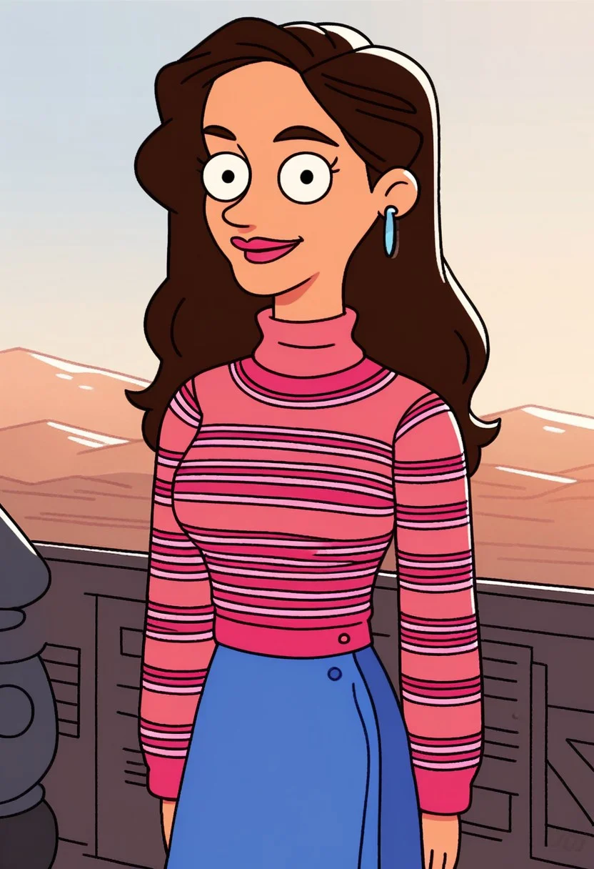 standing cleavage, looking at viewer, smile, upper body, outdoors, score_9, score_8_up, score_7_up, score_6_up, high quality, Shannon_ad, 1girl, solo, brown hair, earrings, long hair, lipstick, medium breasts, pink sweater, striped shirt, long sleeves, blue skirt, pink footwear