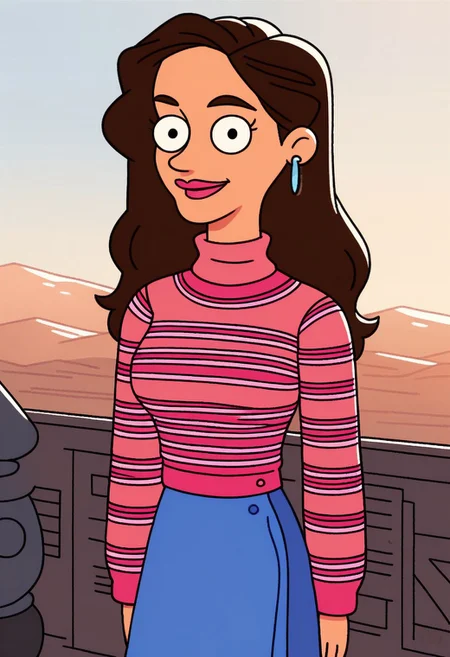 standing cleavage, looking at viewer, smile, upper body, outdoors, score_9, score_8_up, score_7_up, score_6_up, high quality, Shannon_ad, 1girl, solo, brown hair, earrings, long hair, lipstick, medium breasts, pink sweater, striped shirt, long sleeves, blue skirt, pink footwear