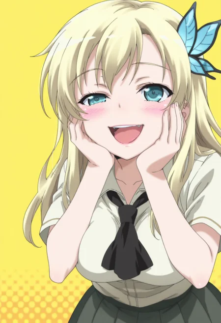 anime screencap, anime coloring, ,     <lora:DX888Sena:1> kashiwazaki sena, aqua eyes, blonde hair, long hair, butterfly hair ornament, school uniform, white shirt, ascot, pleated skirt,  BREAK  yellow background, halftone background,( simple background:1.2), BREAK       1girl, blush, breasts, constricted pupils, crazy eyes, crazy smile, half-closed eye, hand on own face, hand up, looking at viewer, open mouth, solo, tongue, upper body, upper teeth only,