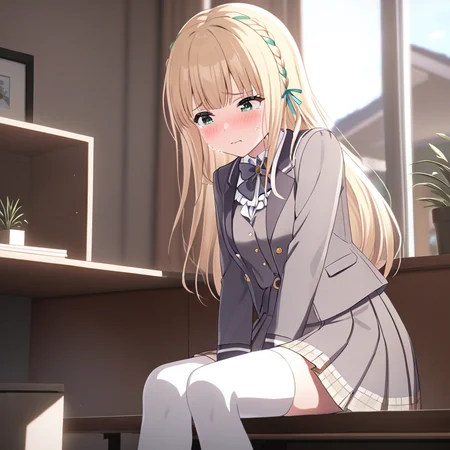 [high quality, best quality], [cinematic],1girl,{ichinoserei2},icre2schooluniform,white thighhighs,Blushing and looking down,Tearful eyes, expressing sadness,home,,solo  <lora:rei2v2:0.71>