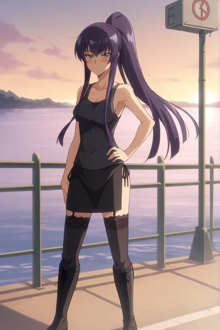 score_9, score_8_up, score_7_up, score_6_up, score_5_up, score_4_up, BREAK source_anime, 1girl, solo,
<lora:SaekoBusujimaXL-v2-06:0.7>, ChopioSaekoBusujima, purple hair, very long hair, shiny hair, blue eyes, looking at viewer,
medium breasts, mature female,
straight hair, side locks,
high ponytail, side locks,
outfit_4, black tank top, miniskirt, side-tie skirt, black skirt, garter straps, black stockings, lace-trimmed legwear, knee boots, black footwear, cross-laced footwear,
outdoors, sunset, standing, smile, blush, backlighting, cowboy shot, contrapposto, hand on hip, arm at side, utility pole, sea, railing,