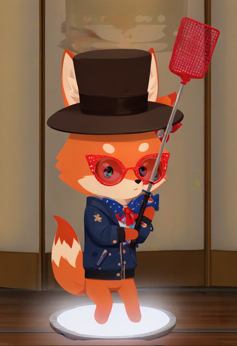 Super Animal Royale, detailxl, score_9, score_8_up, score_7_up, score_6_up, score_5_up,, detailed eyes, detailed face, detailed hands, top down full body view,  NightScapes, fox, cozy atmosphere, creative light overlay, 4k, masterpiece, (masterpiece), best quality, (4K), (cinematic lighting), highly detailed, 8K, UHD, ultra detailed, immersive picture, vivid colors, volumetric light, cinematic light, extremely detailed CG, fox is wearing a jacket and a hat while holding a flyswatter