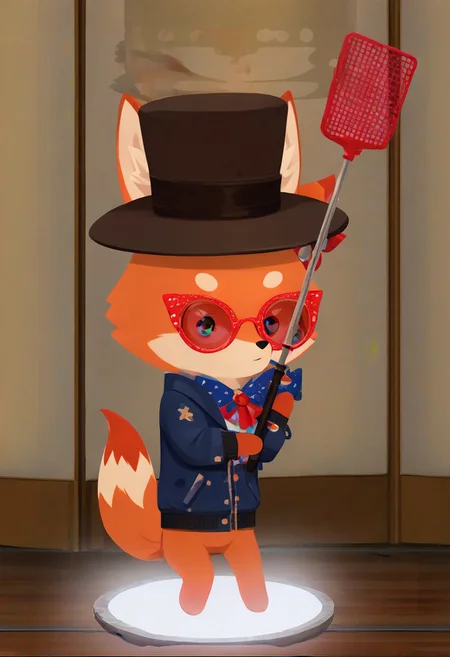Super Animal Royale, detailxl, score_9, score_8_up, score_7_up, score_6_up, score_5_up,, detailed eyes, detailed face, detailed hands, top down full body view,  NightScapes, fox, cozy atmosphere, creative light overlay, 4k, masterpiece, (masterpiece), best quality, (4K), (cinematic lighting), highly detailed, 8K, UHD, ultra detailed, immersive picture, vivid colors, volumetric light, cinematic light, extremely detailed CG, fox is wearing a jacket and a hat while holding a flyswatter