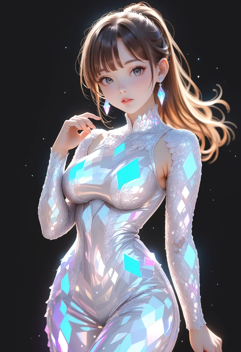 score_9, score_8_up, score_7_up, masterpiece,source_anime, best quality, perfect anatomy, very aesthetic, ((outlined outlined vector graphics)), black background, simple background, black theme,glittering, glimmering, glowing,
1girl,cute face, solo,20yo, brown hair, gray eyes, (large breast:1.1), (ponytail:1.1), medium hair,(curvy:1.1),bangs, looking at viewer,, jewelry, earrings, parted lips,indoors,, lips,black clothes, black rainbow crystal outfit, rainbow crystal dress, long sleeve , standing , , , , front view , looking at viewer , ,pants, (clothed:1.2) , expressionless <lora:rainbow-outfit-01:1>