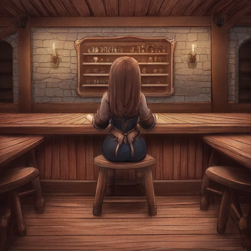 1girl,solo,from behind,hands on counter,table,chair,Guild interior,indoors,wooden floor,counnrer
