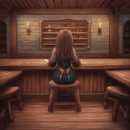 1girl,solo,from behind,hands on counter,table,chair,Guild interior,indoors,wooden floor,counnrer