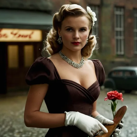cinematic film still of <lora:detailed:0.2>
<lora:perfection style:0.2>
<lora:Ron Fricke style:0.1>
<lora:Inglourious Basterds film style:0.9>
Bridget von Hammersmark a woman in a dress and gloves holding a skateboard,1girl,solo,breasts,brown hair,hair ornament,gloves,dress,cleavage,brown eyes,jewelry,flower,earrings,elbow gloves,white gloves,hair flower,necklace,bag,bracelet,lips,makeup,ring,curly hair,handbag,realistic , 1940's, Inglourious Basterds film style, shallow depth of field, vignette, highly detailed, high budget, bokeh, cinemascope, moody, epic, gorgeous, film grain, grainy