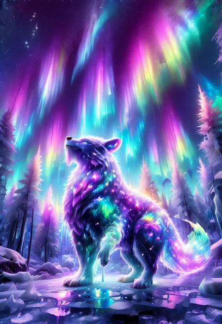 lazympos, morph-aurora, A platinum-tier animal sitting in an aurora-lit crystal forest, prismatic light shards refract through ice formations, glowing celestial patterns dance across its obsidian collar, hyper-detailed fur texture with rainbow iridescence, 8k resolution.