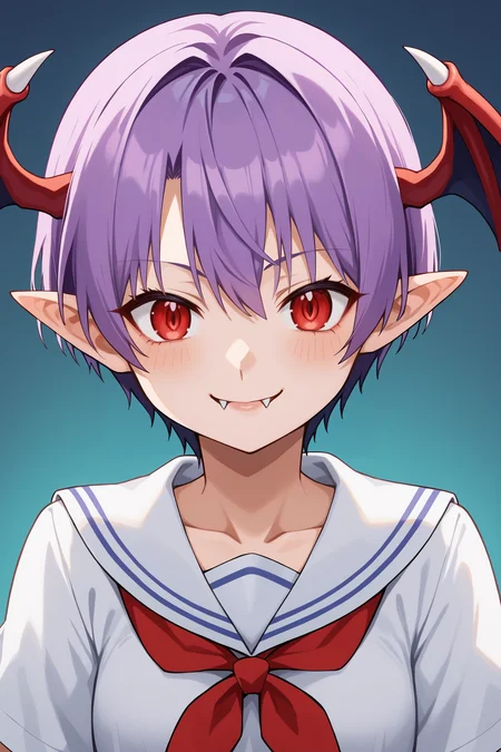 score_9, score_8_up, score_7_up, source anime, prefect lighting, very aesthetic, BREAK, anime coloring,
<lora:lilith_darkstalkers_v2-pdv6:1>, 1girl, lilith \(darkstalkers\), red eyes, purple hair, short hair, demon girl, fangs,
serafuku, head wings, upper body, pointy ears,
BREAK, looking at viewer, light smile,
BREAK,