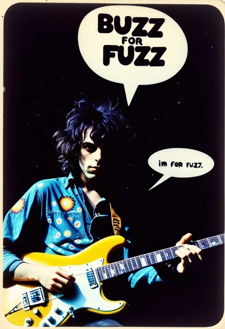 syd Barrett playing interstellar overdrive. A speech bubble next to him says, ("Buzz for Fuzz"). Psychedelic aliens are the audience.