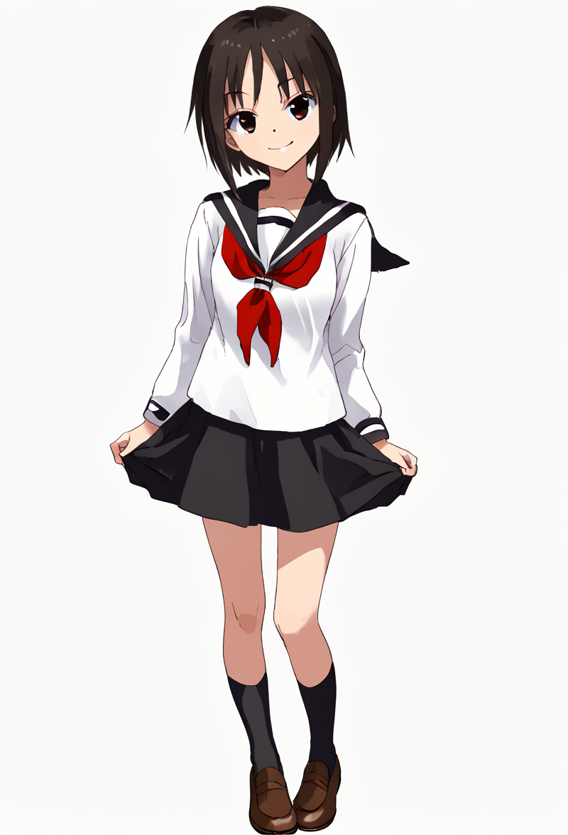 <lora:kagawaRin:1> kagawaRin, solo, looking at viewer, white serafuku, black skirt, black socks, brown shoes, red neckerchief, smile, white background, full body, standing,