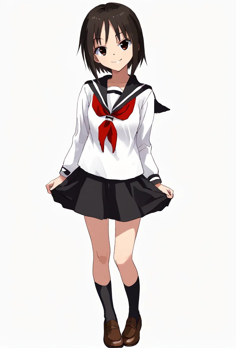<lora:kagawaRin:1> kagawaRin, solo, looking at viewer, white serafuku, black skirt, black socks, brown shoes, red neckerchief, smile, white background, full body, standing,