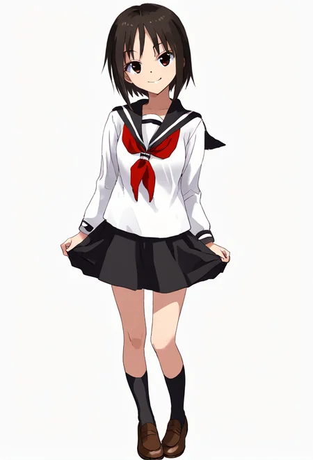 <lora:kagawaRin:1> kagawaRin, solo, looking at viewer, white serafuku, black skirt, black socks, brown shoes, red neckerchief, smile, white background, full body, standing,