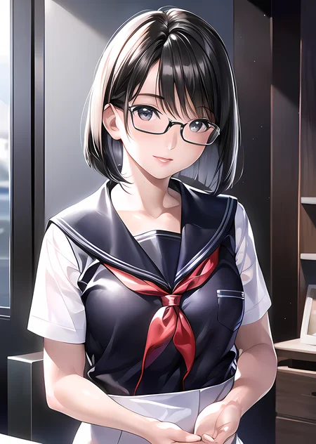 photo of <lora:grace_v1:0.98>, (shiny skin:1.2), (oil skin:1.1), (raw photo:1.2), (photorealistic:1.4), (Kpop idol), (shiny skin:1.2), (sailor uniform, glasses), (bob cut), jumping