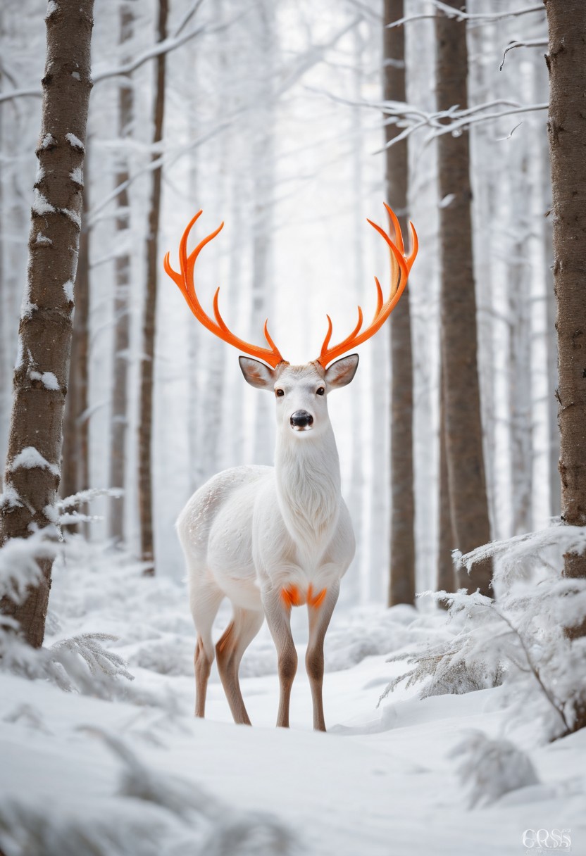 An enchanting magazine cover featuring a white deer with glowing orange antlers, standing gracefully in a completely white forest. The radiant antlers create a magical and surreal visual against the pure white backdrop. Exotic and surrealistic animal photo, captured with a Canon EOS R5, RF 50mm f/1.2L USM lens.