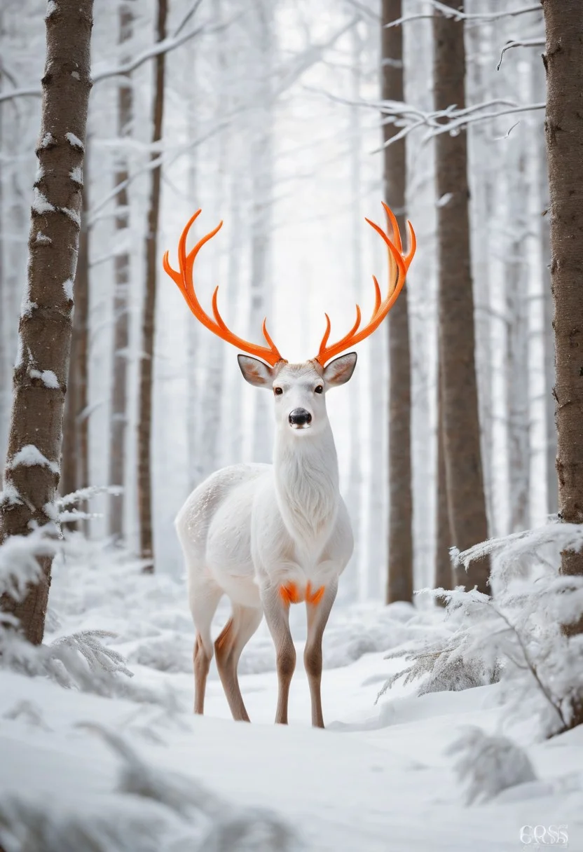 An enchanting magazine cover featuring a white deer with glowing orange antlers, standing gracefully in a completely white forest. The radiant antlers create a magical and surreal visual against the pure white backdrop. Exotic and surrealistic animal photo, captured with a Canon EOS R5, RF 50mm f/1.2L USM lens.