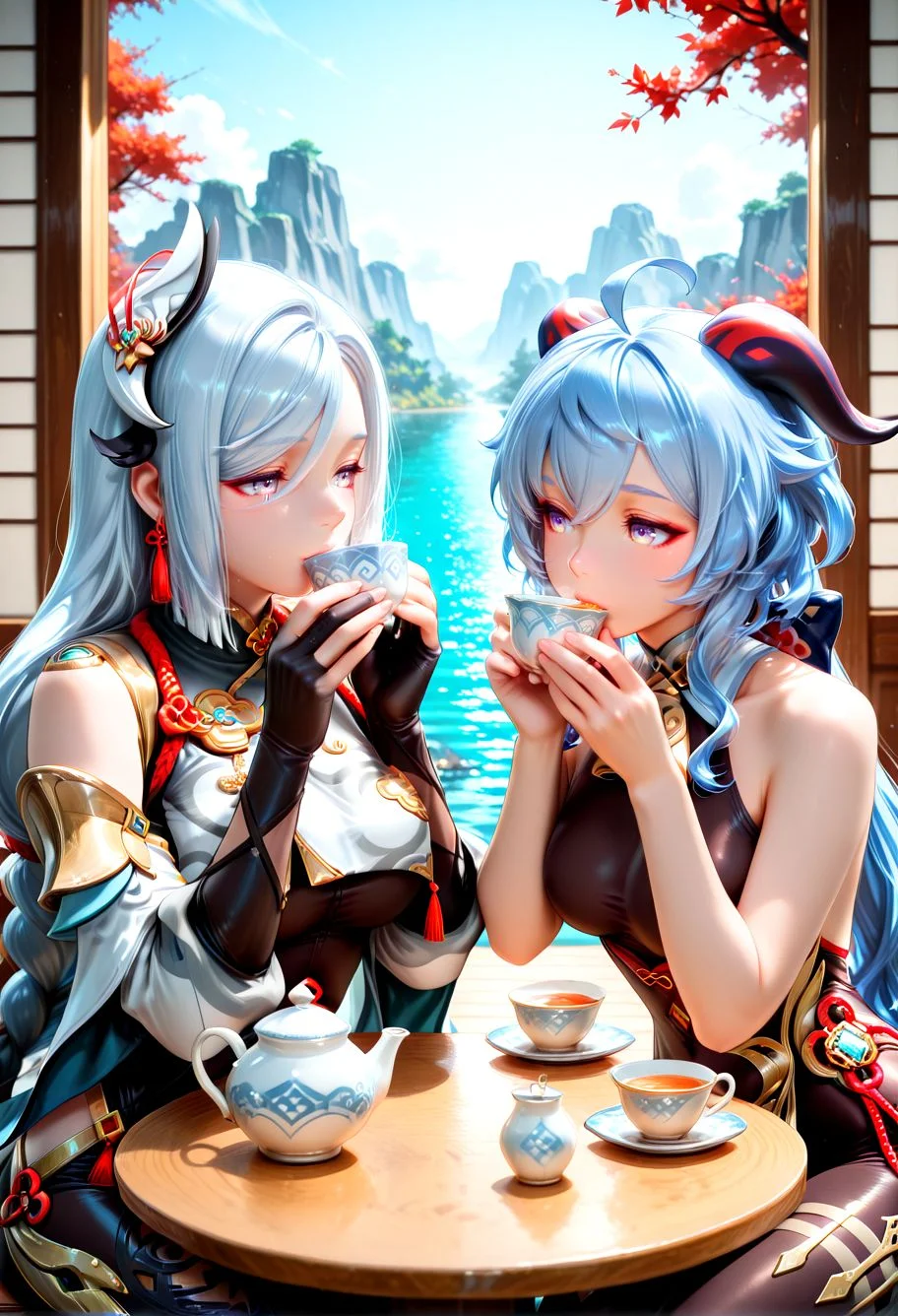 Smooth Quality, 2girls, ganyu, shenhe, genshin impact, side-by-side, drinking, sitting, table, tea set, lake background, <lora:Smooth_Booster:0.5> <lora:Smooth_Lighting_Enhancer:0.25>