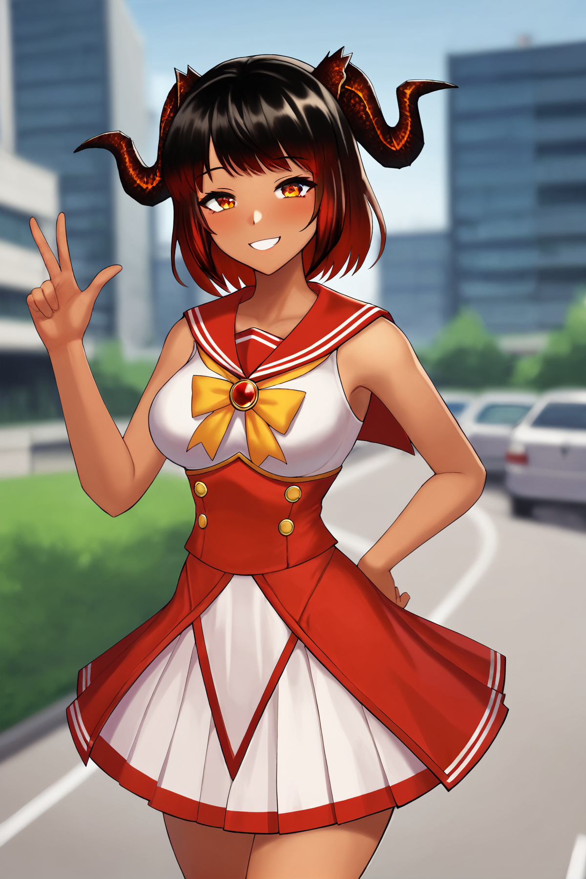 score_9, 
<lora:adcvr_v1_pruned:0.75>, adcvr, tan, 
magical girl, 
serafuku, 
dress, short skirt, smile, 
outdoors, city, blurry background, 
high resolution, Masterpiece