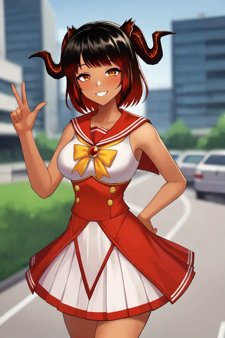 score_9,
<lora:adcvr_v1_pruned:0.75>, adcvr, tan,
magical girl,
serafuku,
dress, short skirt, smile,
outdoors, city, blurry background,
high resolution, Masterpiece