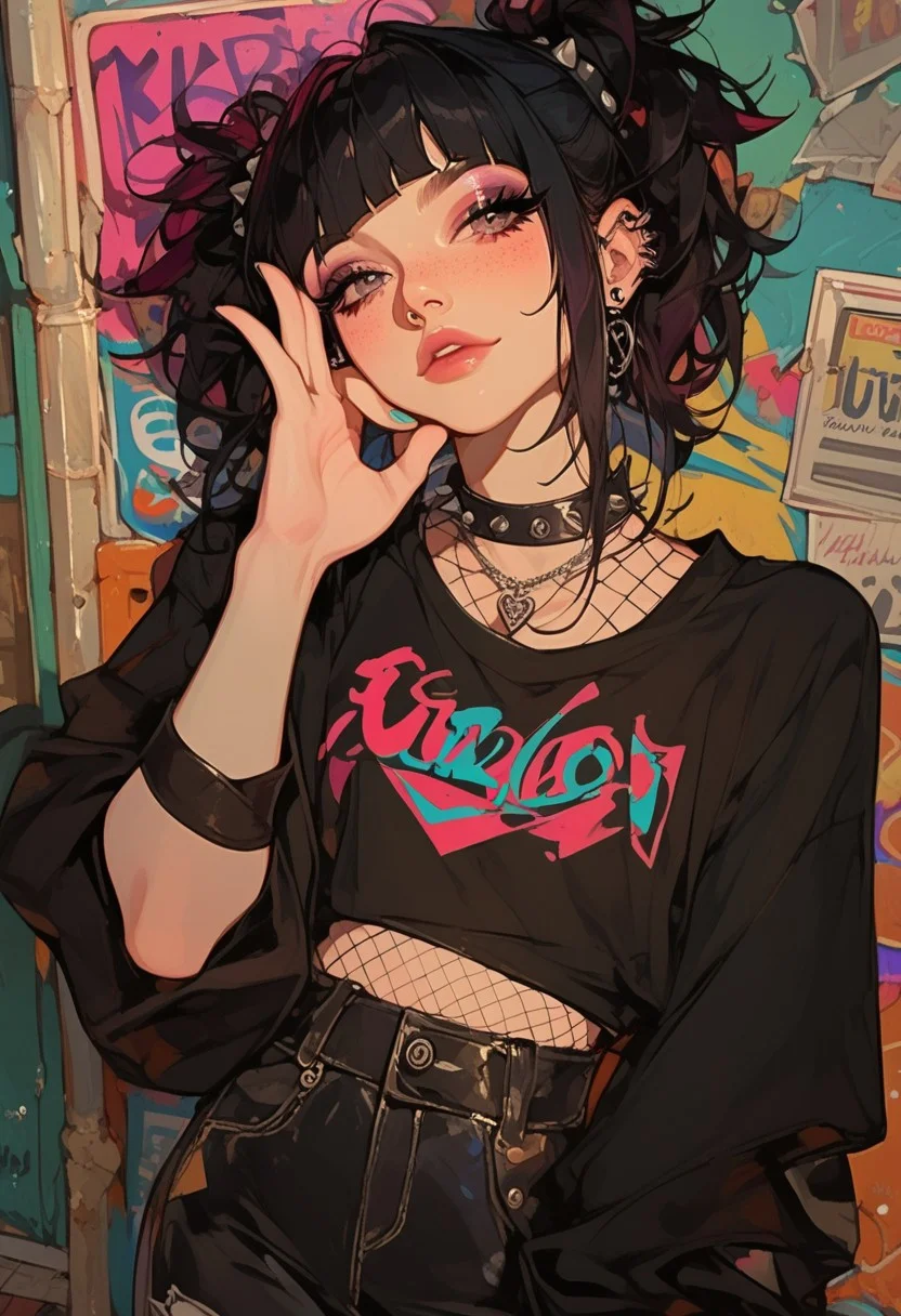 score_9, score_8_up, score_7_up, score_6_up, score_5_up, score_4_up, aesthetic, newest, 1girl, solo, emo style, cute face, beautiful girl, kawaii, bangs, black hair, long eyelashes, petite body, emo clothes style, punk style, semi-realism, graffiti signs, holographic billboards and other cool stuff, dynamic angle, cute pose, freckles, 18yo girl, fishnet, high waist pants,