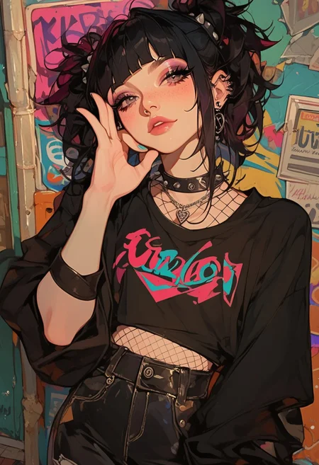 score_9, score_8_up, score_7_up, score_6_up, score_5_up, score_4_up, aesthetic, newest, 1girl, solo, emo style, cute face, beautiful girl, kawaii, bangs, black hair, long eyelashes, petite body, emo clothes style, punk style, semi-realism, graffiti signs, holographic billboards and other cool stuff, dynamic angle, cute pose, freckles, 18yo girl, fishnet, high waist pants,