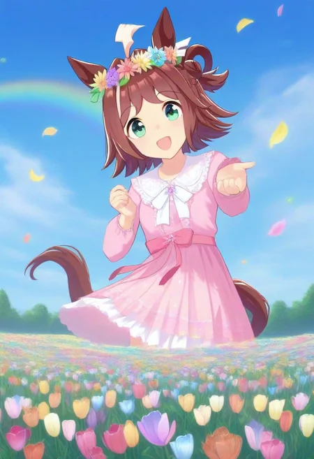 (umamusume, rhein_kraft_(umamusume), horse_ears, horse_girl, tail, 1girl, ahoge, animal_ears,)
casual, field, flower, flower_field, green_eyes, hair_between_eyes, hair_ornament,
head_wreath, looking_at_viewer, solo, aesthetic, absurdres, symmetric ,spiralling vortex made of multicoloured tulips, lush foliage sunrise, ripples, reflective, jaynl-tm, rainbow, , g0ldsw0rthy,
(realistic, photo, artistic, medium_hair, one_eye_closed, petals, relaxing, smile, : 0.7)