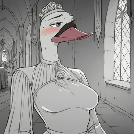 score_9, score_8_up, score_7_up, score_6_up, score_5_up, j_cartoon, highly detailed, ((detailed shaders)), BREAK, Odette, ((Swan)), Black eyes, ((Anthropomorphic swan)), antrum, hairy female, female swan, interior, castle, medieval castle, bright sun, black and white Victorian princess dress, smiling, in the hallways, seductive look, blushing cheeks, sweating, sexy bodysuit woman, medium breasts,