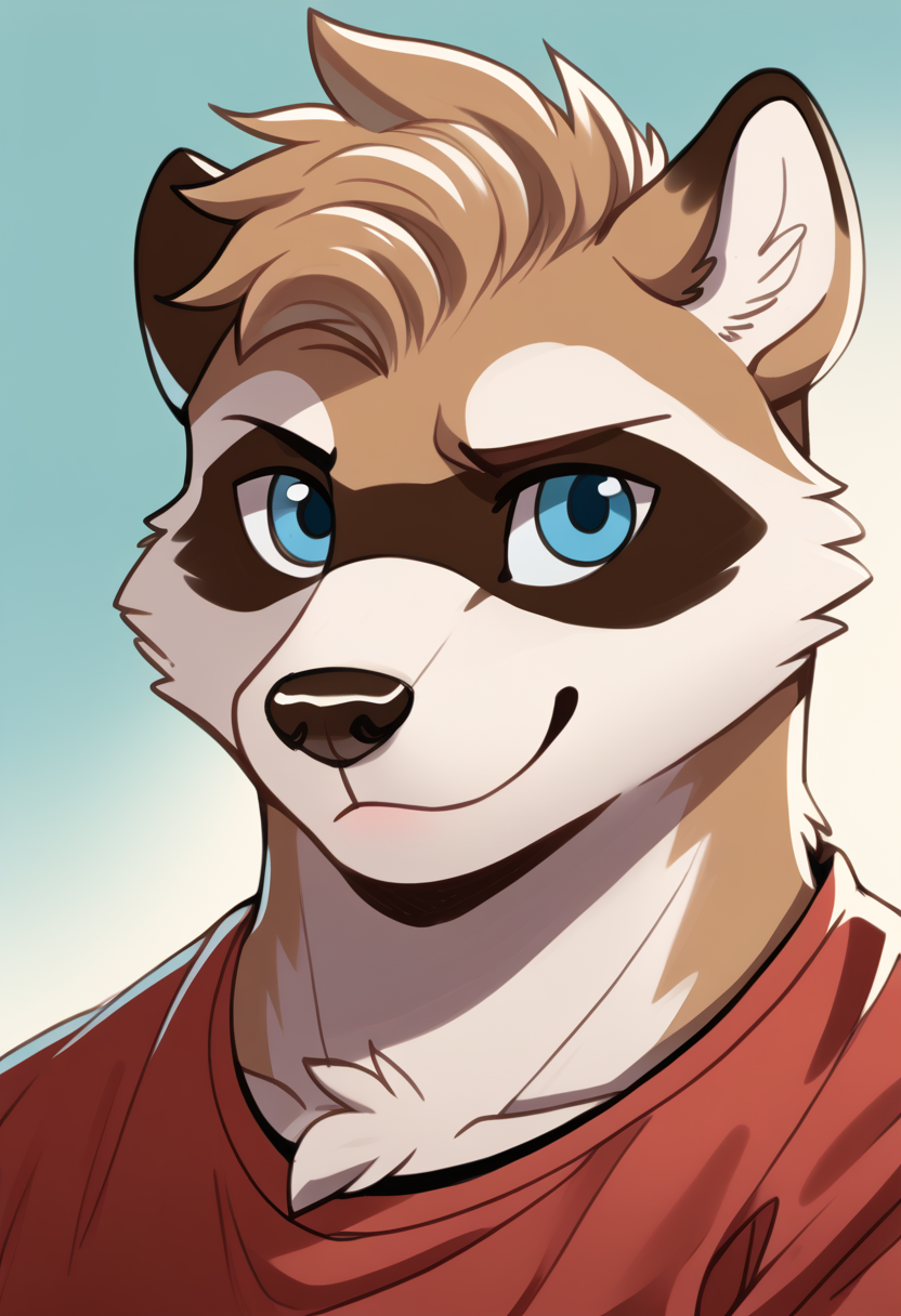 high quality, hires, by braeburned, furry, anthro, 1boy, solo, male, raccoon, blue eyes, bara, <lora:Braeburned_style:1>