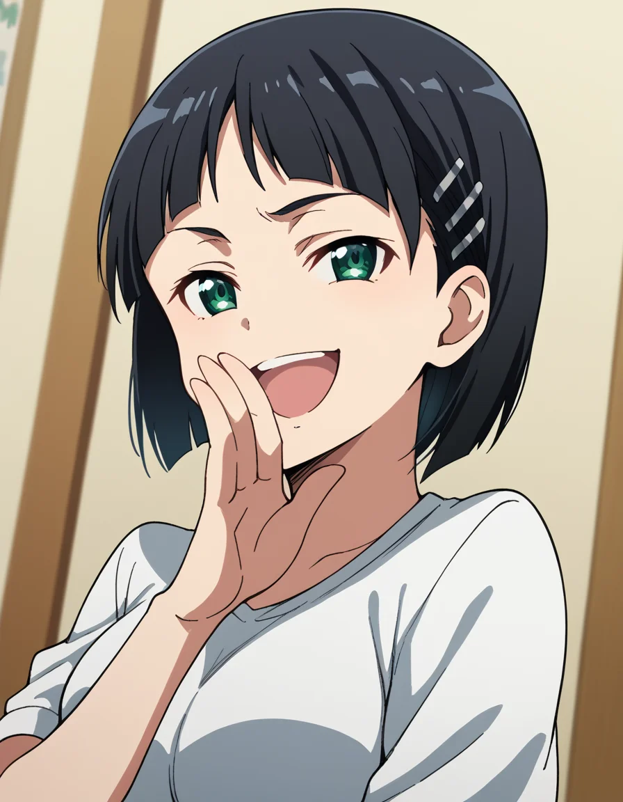 score_9, score_8_up, score_7_up, source_anime, suguhakirigaya, <lora:suguha-kirigaya-s1-ponyxl-lora-nochekaiser:1>, suguha kirigaya, short hair, black hair, hair ornament, hairclip, green eyes, large breasts,, <lora:ojou-sama-pose-ponyxl-lora-nochekaiser:1>, ojou-sama pose, laughing, smug, hand to own mouth, open mouth,, indoors, smile,, cowboy shot, dutch angle, looking at viewer,