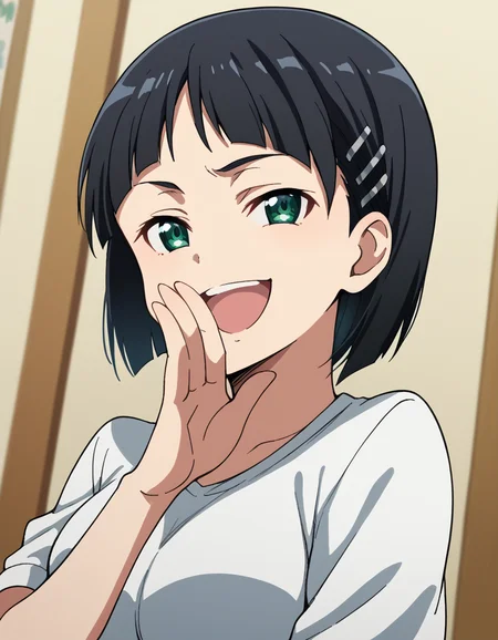 score_9, score_8_up, score_7_up, source_anime, suguhakirigaya, <lora:suguha-kirigaya-s1-ponyxl-lora-nochekaiser:1>, suguha kirigaya, short hair, black hair, hair ornament, hairclip, green eyes, large breasts,, <lora:ojou-sama-pose-ponyxl-lora-nochekaiser:1>, ojou-sama pose, laughing, smug, hand to own mouth, open mouth,, indoors, smile,, cowboy shot, dutch angle, looking at viewer,