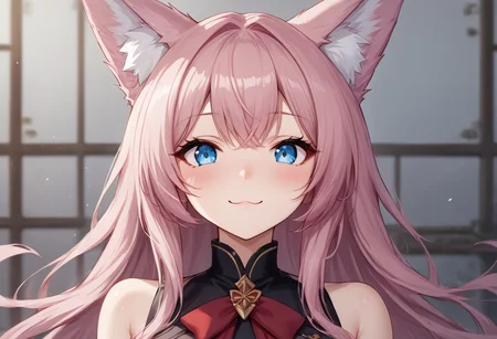 (masterpiece), (best quality), source_anime+, perfect anatomy, HD, 10k res, digital_media_(artwork) hi_res, intricate, high quality, amazing quality, Expressive Face, 
A fox girl with long pink hair and blue eyes, Drestoria-Style_V1, semi-realism, nose, Zyrnox-Exoterra Style