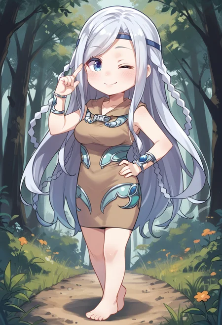 (score_9:0.9),score_8_up,score_7_up,rating_explicit,(zPDXL),(zPDXL3),
<lora:Maiden with Eyes of Blue PonyXL v1.2:0.75>,forest,maiden with eyes of blue, 1girl, solo, one eye closed, brown dress, chibi, barefoot, smile, looking at viewer, full body, blush, brown circlet, silver bracelet, thumb up, hand on own hip