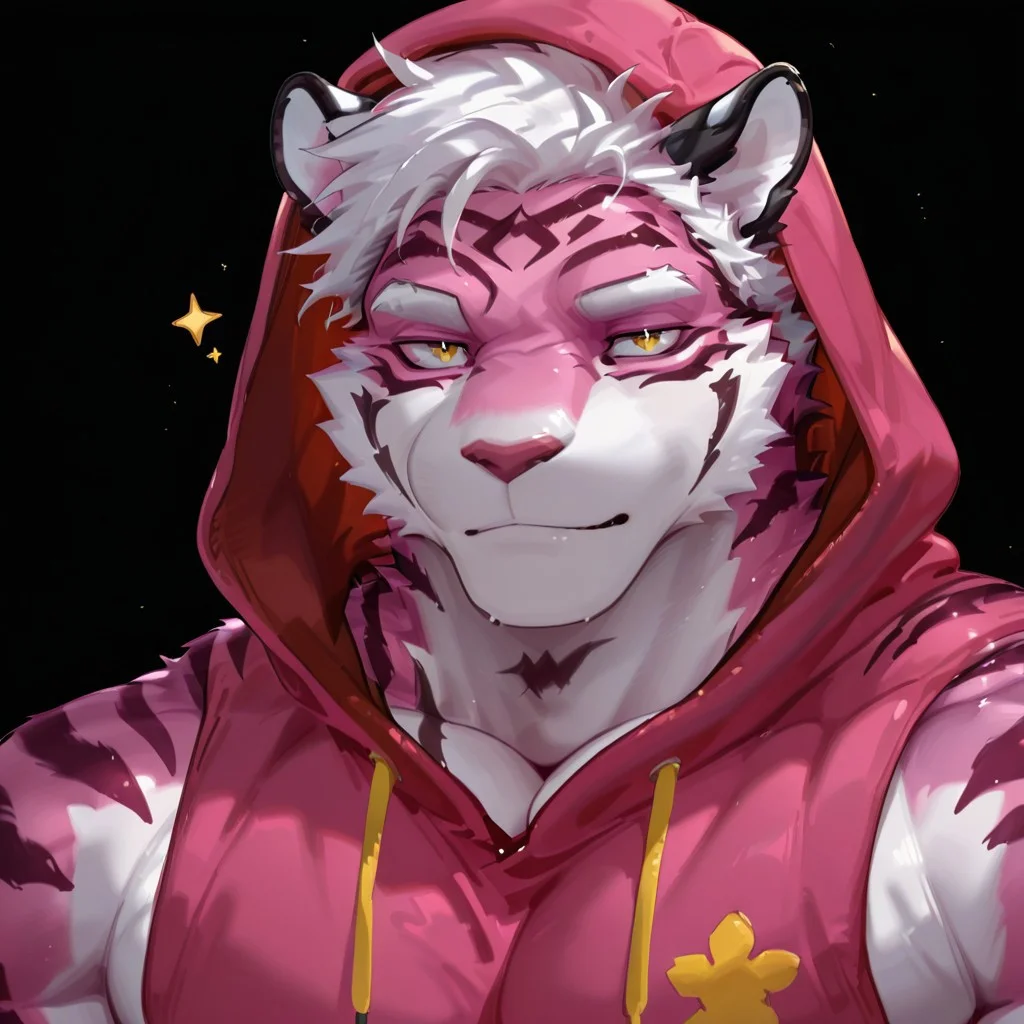Safe_pos, masterpiece, best quality, new, absurd, high quality, 2024, 2023, masterpiece, best quality, amazing quality,
Magnum, 1boy, male focus, furry, tiger boy, solo, bara, tiger ears, sleeveless hoodie , hood, pink fur, white fur, tiger stripes, detailed eyes, mature male, looking at viewer, best quality, black background, portrait, close up shot, starry eyes, white hair