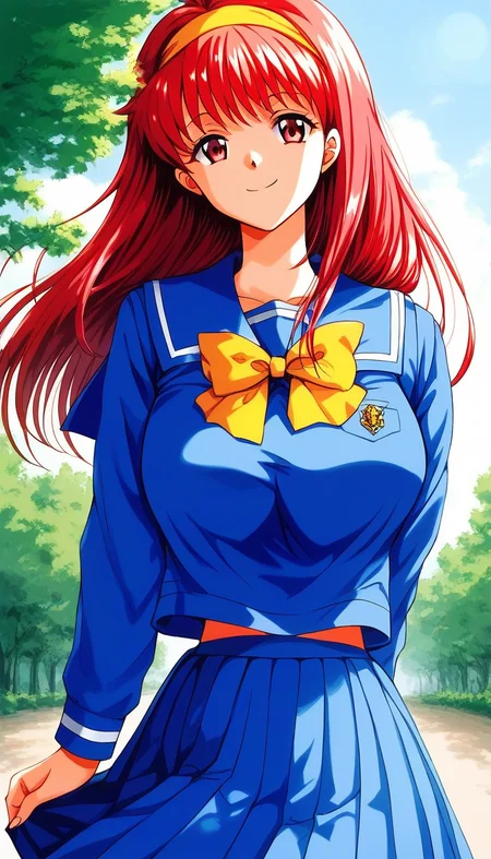 score_9, score_8_up, score_7_up, source_anime, rating_explicit, BREAK <lora:Fujisaki_Shiori_XL:1> FujisakiShiori, long hair, Yellow hairband, red hair, red eyes, large breasts,
1girl, solo, school uniform, skirt, blue serafuku, long sleeves, blue skirt, blue long sleeve,
yellow bow, pleated skirt, bow, blue sailor collar,
outdoor, sky, tree, smile,
looking at viewer,