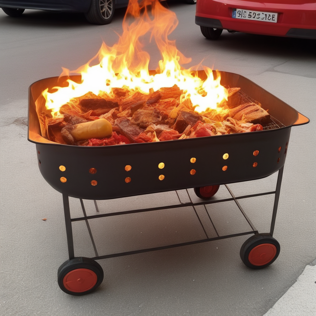 An image in a hyper-realistic style showcasing skewered food being grilled over open flames. The focus is on the glistening, perfectly charred exterior of the skewers, capturing the vibrant colors and textures of various meats and vegetables. The flames are vivid and dynamic, with an emphasis on the intricate play of light and shadows reflecting off the skewered items, highlighting the sizzle and the smoky aroma visually. The background is simple, drawing attention to the mouthwatering details of the grilled food <lora:money_bucket:0.65>