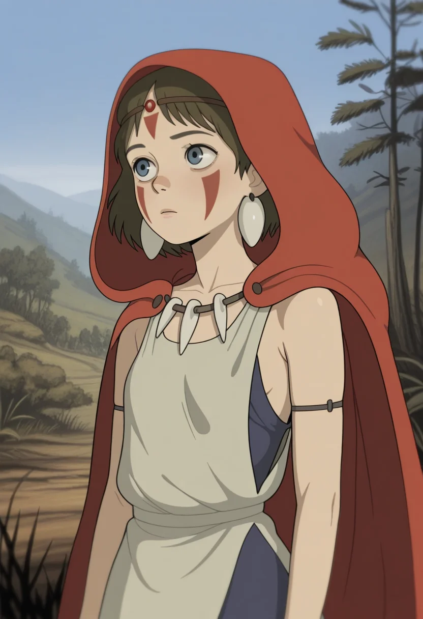 W411, masterpiece, best quality, solo, princess mononoke, blue eyes, tribal clothing, wooded area, blue sky, bust shot