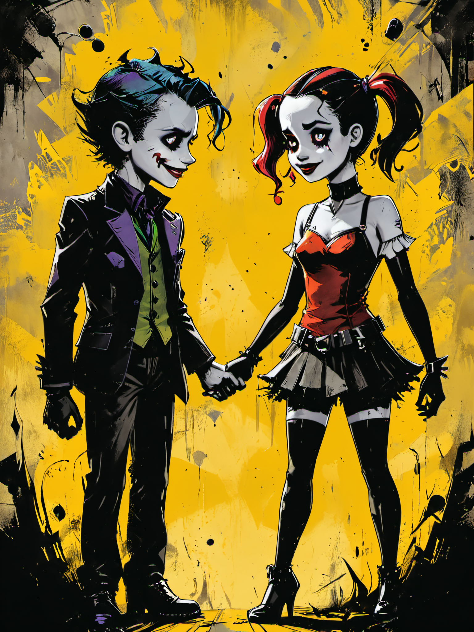 bold artwork,creative use of shadows and textures to create an image using negative space,masterful use of limited colors to create an image of bold contrasts,inventive and whimsical use of camera angles to give new perspective to illustration,"the joker and harley quinn holding hands",1boy,1girl,<lora:Dark_Novel:0.8>,, glow effects, godrays, Hand drawn, render, 8k, octane render, cinema 4d, blender, dark, atmospheric 8k ultra detailed, cinematic, Sharp focus, big depth of field, Masterpiece, 3d octane render, 8k, concept art, trending on artstation, hyperrealistic, extremely detailed CG unity 8k wallpaper, trending on CGSociety, Intricate, High Detail, dramatic
