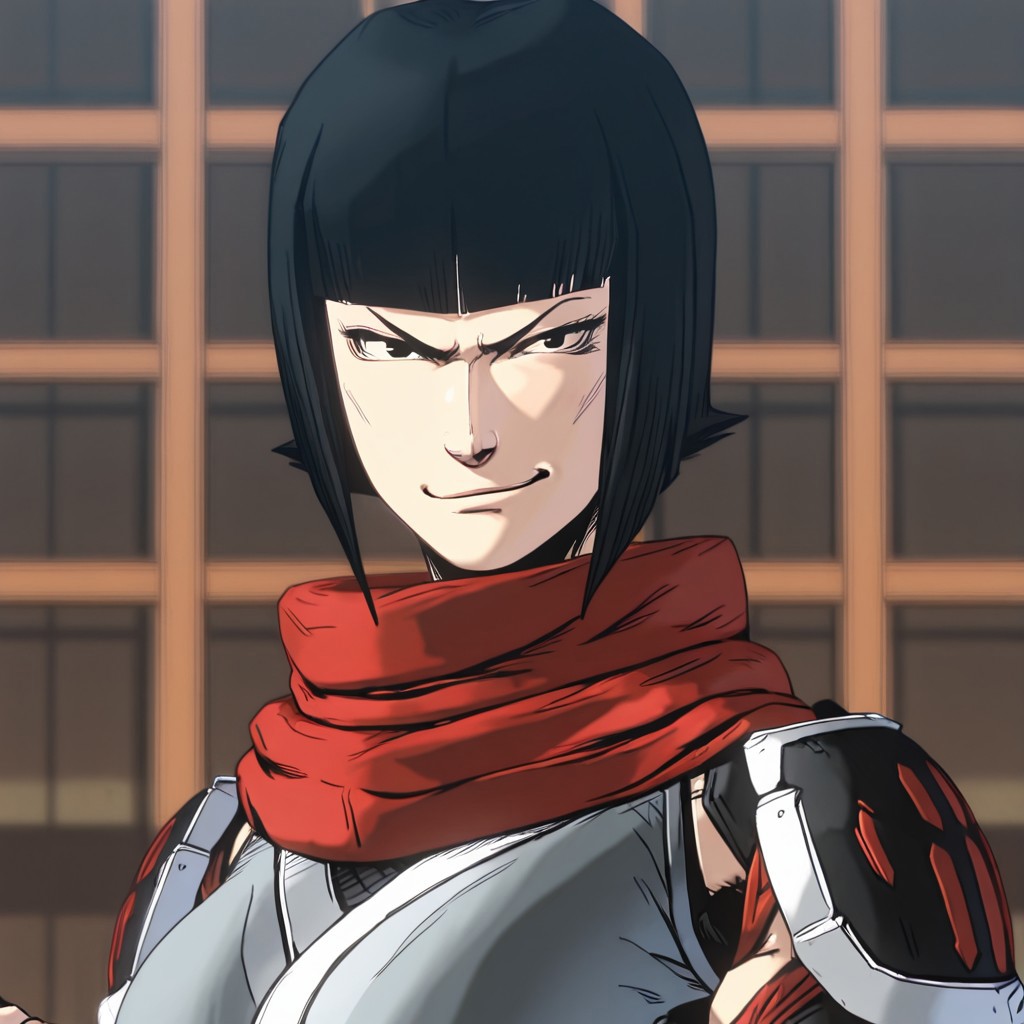 (karaimim, 1girl, black hair, short hair, gray japanese clothes, red scarf, red sash, fingerless sleeve gloves, shoulder pads, subtle cheek bones, comic book style), good anatomy, looking at viewer, busty, mouth closed, furrowed eyebrows, smirk, pumping fist,