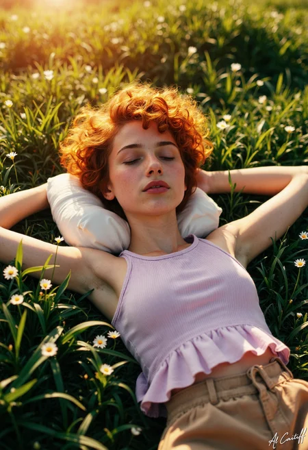 High-angle shot, 50mm standard lens with slight barrel distortion, no motion blur, deep f/8 depth of field. A girl with short, curly orange hair lies on a patch of lush, emerald green grass, wearing a sleeveless, pastel lavender tank top and a pair of high-waisted, light brown shorts. She's stretched out on her back, her arms extended to the sides, and her legs are slightly bent at the knees. Her eyes are closed, and a serene expression is on her face. A white, fluffy pillow is placed under her head, and a few white flowers are scattered around her. Warm, golden sunlight casts a gentle glow on the scene, with the sun positioned at a low angle to the horizon., l1n0c2t, l1n0c2t<lora:Flux/Linocut - s1 g4.safetensors:0.25000000000000006:0.25000000000000006> <lora:CustomFlux/MysticRealism.safetensors:0.7500000000000001:0.7500000000000001>