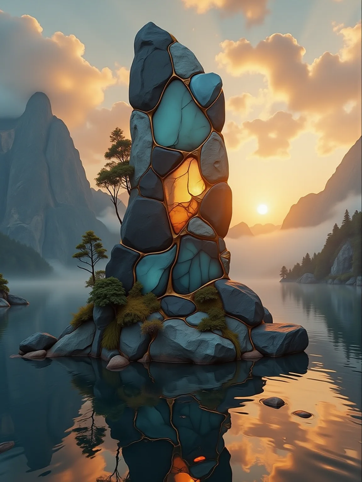 monolith with a mad-gmclls pattern on it, standing on an island in a serene mountain lake, sunset, godrays, haze, fog, floating islands in the background <lora:gem-cells-flux:1>