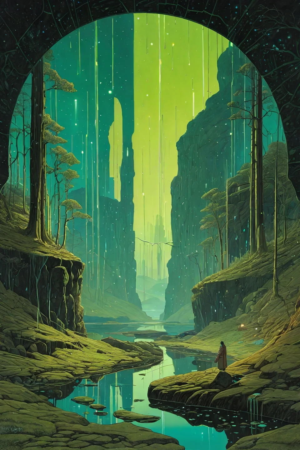 Landscape,Landscape creator,A Crack in Realityto other world, Obsidian mirrors reflecting parallel worlds tundra with neon permafrost circuits, comets dragging liquid light trails, Colonies of moss writing luminous equations across surfaces, seasons stored in underground time vaults, rains of bioluminescent plankton, Art painting by John Atkinson Grimshaw and Audrey Kawasaki and Moebius, featured on John Park,,
<lora:extremely_detailed:0.7> extremely detailed ,
<lora:add-detail-xl:0.7>,
<lora:softdigital2x2:0.15>,
<lora:EpicF4nta5yXL:0.3>,, Magic realism painting art style, surreal compositions, vibrant colors, blurs the line between reality and fantasy