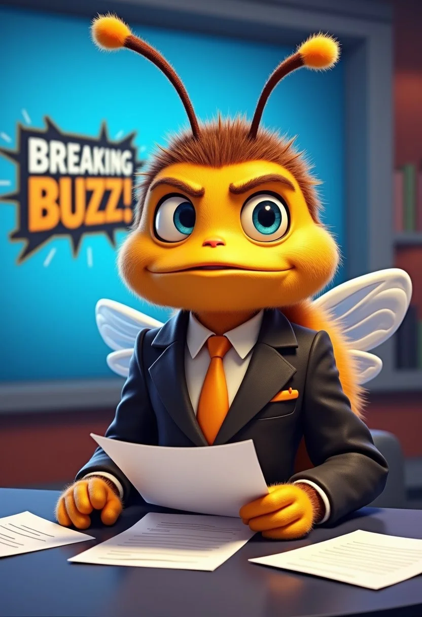 A serious-looking honeybee dressed in a news anchor suit, sitting behind a news desk with a microphone, reading from papers. The news station logo in the corner of the screen reads 'Breaking Buzz!' with a buzzing sound effect shown in text. Comical expressions, bright studio lights, colorful set, a mix of realism and cartoonish humor