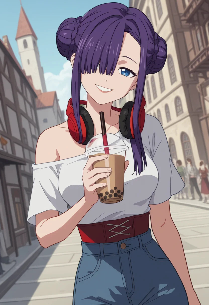 score_9, score_8_up, score_7_up, anime screencap, source_anime, 1girl, solo,
<lora:Hime_SSSS.Gridman_V2:.85>, KJOhime, purple hair, blue eyes, asymmetrical bangs, hair over eye, sidelocks, double bun,
high waist jeans, t-shirt, off shoulder, headphones around neck,
smile, holding bubble tea, head tilt, dutch angle,
outdoors, medieval city, smoke, gray sk
(Beautiful, medium Breasts:1.2), natural breasts,
