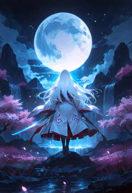 masterpiece, best quality, amazing quality, very aesthetic, absurdres, newest, volumetric lighting, holographic colors, cute, gradient colors, dark background, masterpiece, best quality, amazing quality, very aesthetic, absurdres, newest, volumetric lighting,1girl,
BREAK
nsfw,
ambient occlusion, raytracing, soft lighting, blum effect, masterpiece, absolutely eye-catching, particles, glow, shining, intricate cinematic background, (beautiful face),
BREAK
masterpiece, highly detailed,1girl,beautiful eyes, big eyes, detailed eyes, detailed pupils, perfect body, dynamic pose, dynamic shot,
Yuki-Onna, Yukinoshita Yukino, colored skin, white skin, white hair, long hair,
light blue haori, overcoat, japanese clothes,
cherry blossoms, mountains, meadows, scenery, blue skies, clouds, summer, bosstyle,
fantasy,
night, starry sky, light particles, fireflies, moon, waterfall,
facing away,
holding sword, planted sword, katana, hands on sword,cinematic, epic, official art, bloom,
<lora:spo_sdxl_10ep_4k-data_lora_webui:0.6> <lora:ponyv5_noobV065S_1_adamW-000013:0.7> <lora:USNR_STYLE_XL_lokr:0.45> <lora:GBF_Illustrious:0.4> <lora:748cmSDXL:0.8>